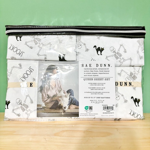 RAE DUNN *NEW* Spooky Skeleton Black Cat Halloween Queen Sheet Set Goth - Picture 3 of 8